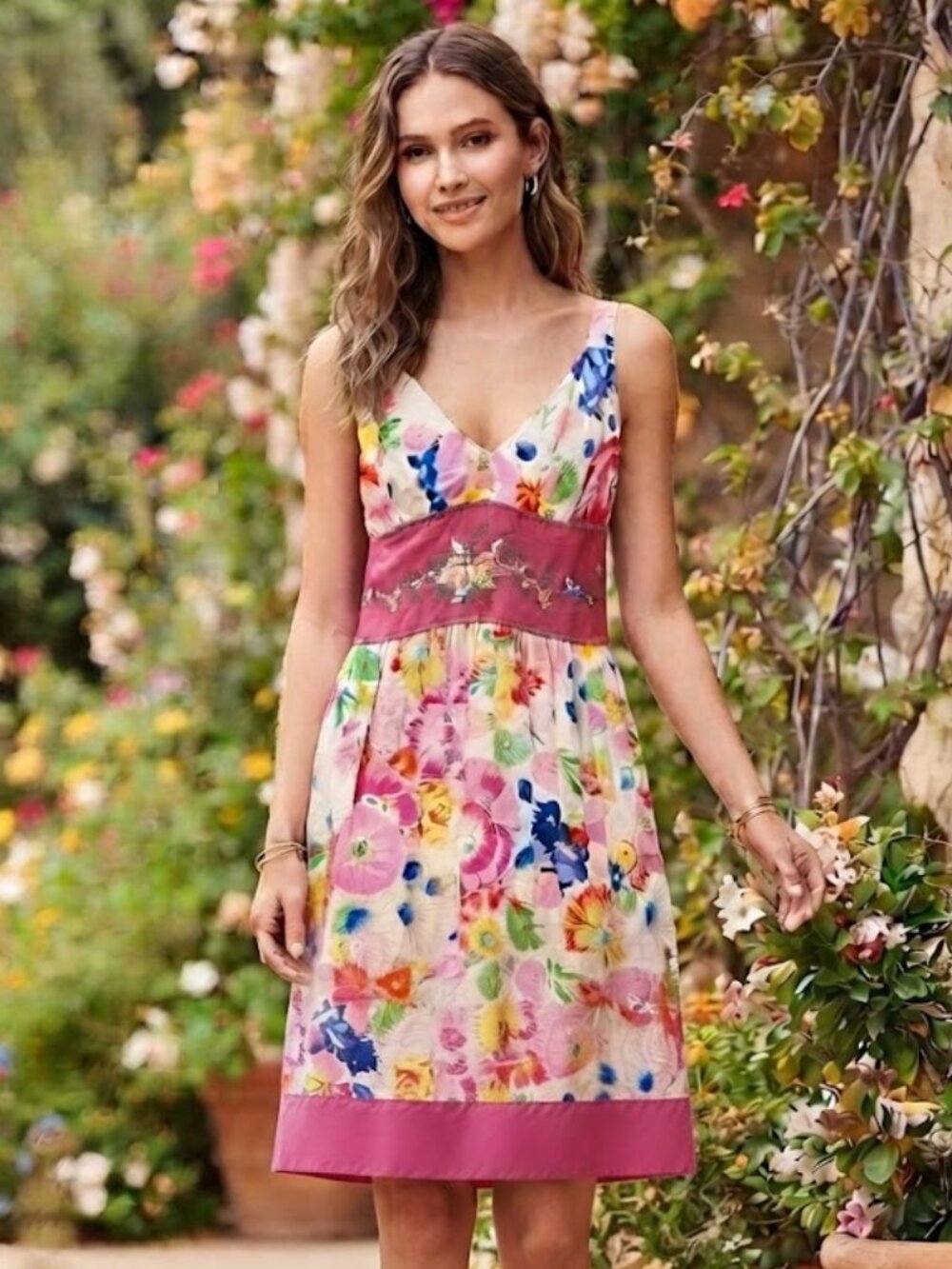 Johnny Was Floral Sundress with Pink Waistband size XS